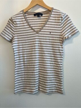 Tommy Hilfiger Beige & White Striped V-Neck Short Sleeve Tee